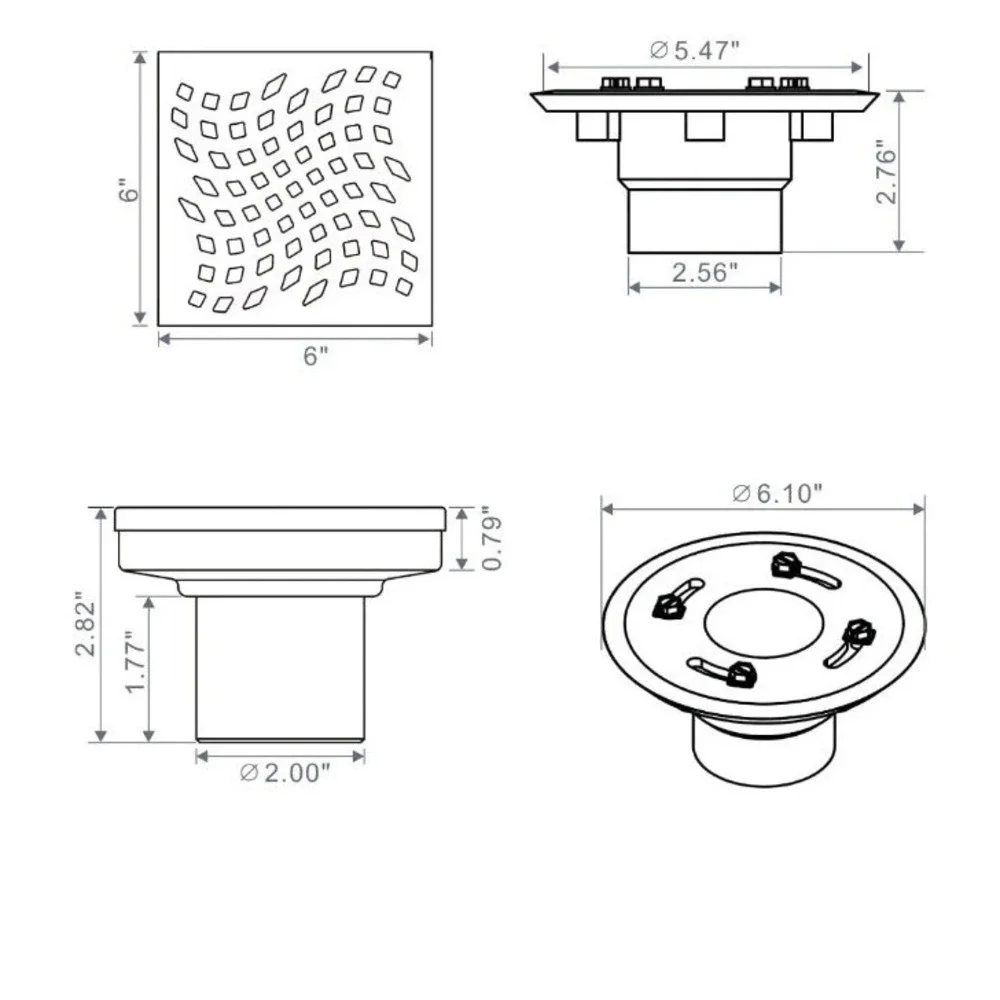 Gold Brushed Shower Drain with Flange  SUS 304 Stainless Steel 6 Inch Square Sh